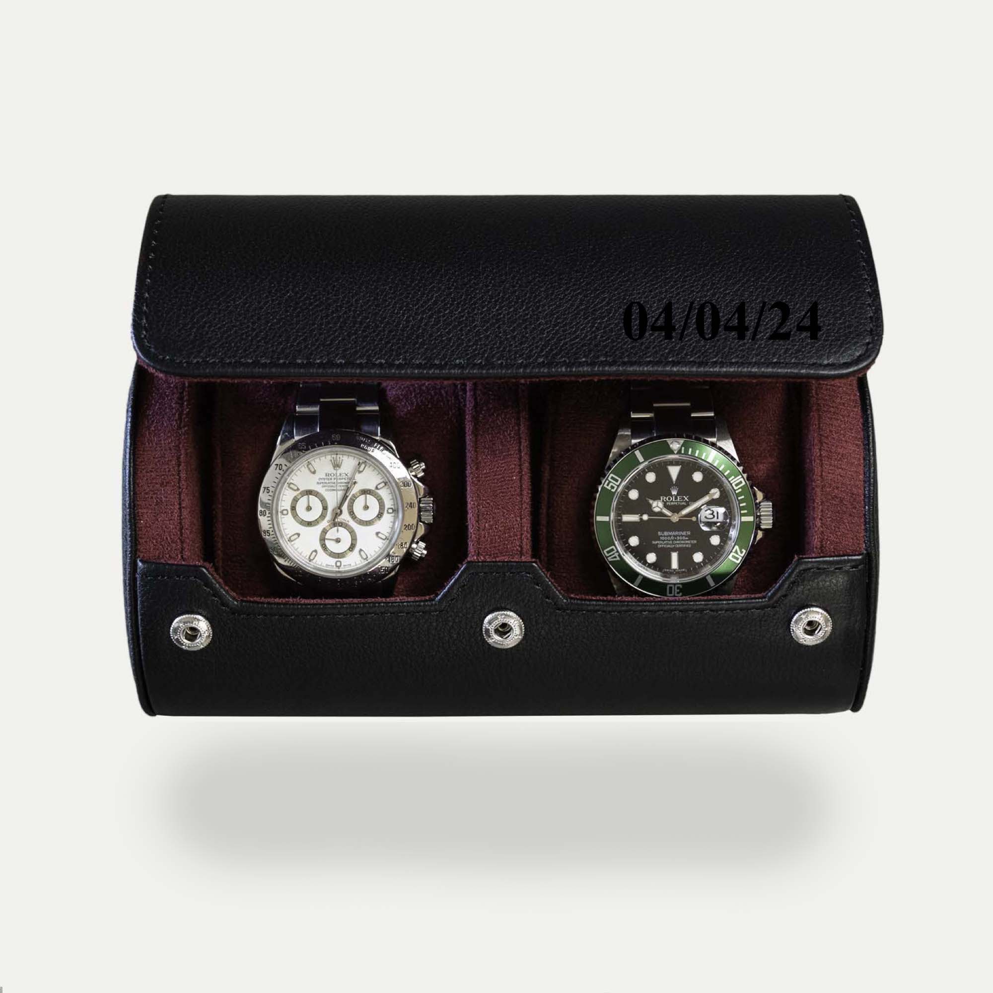 Personalized Two Slot Watch Roll - Black Cherry