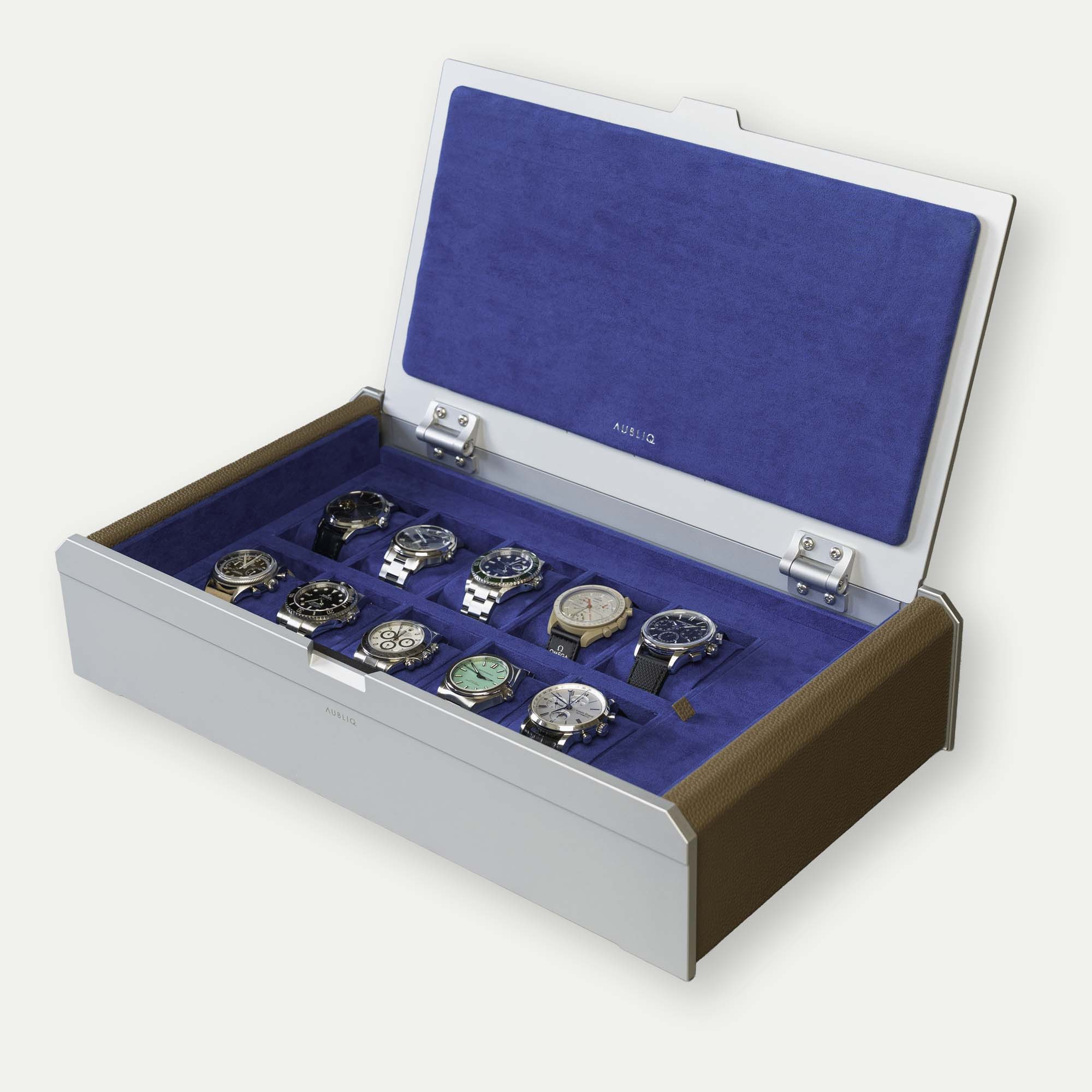 AUBLIQ Watch Box Silver 10 Slot + Strap Slot