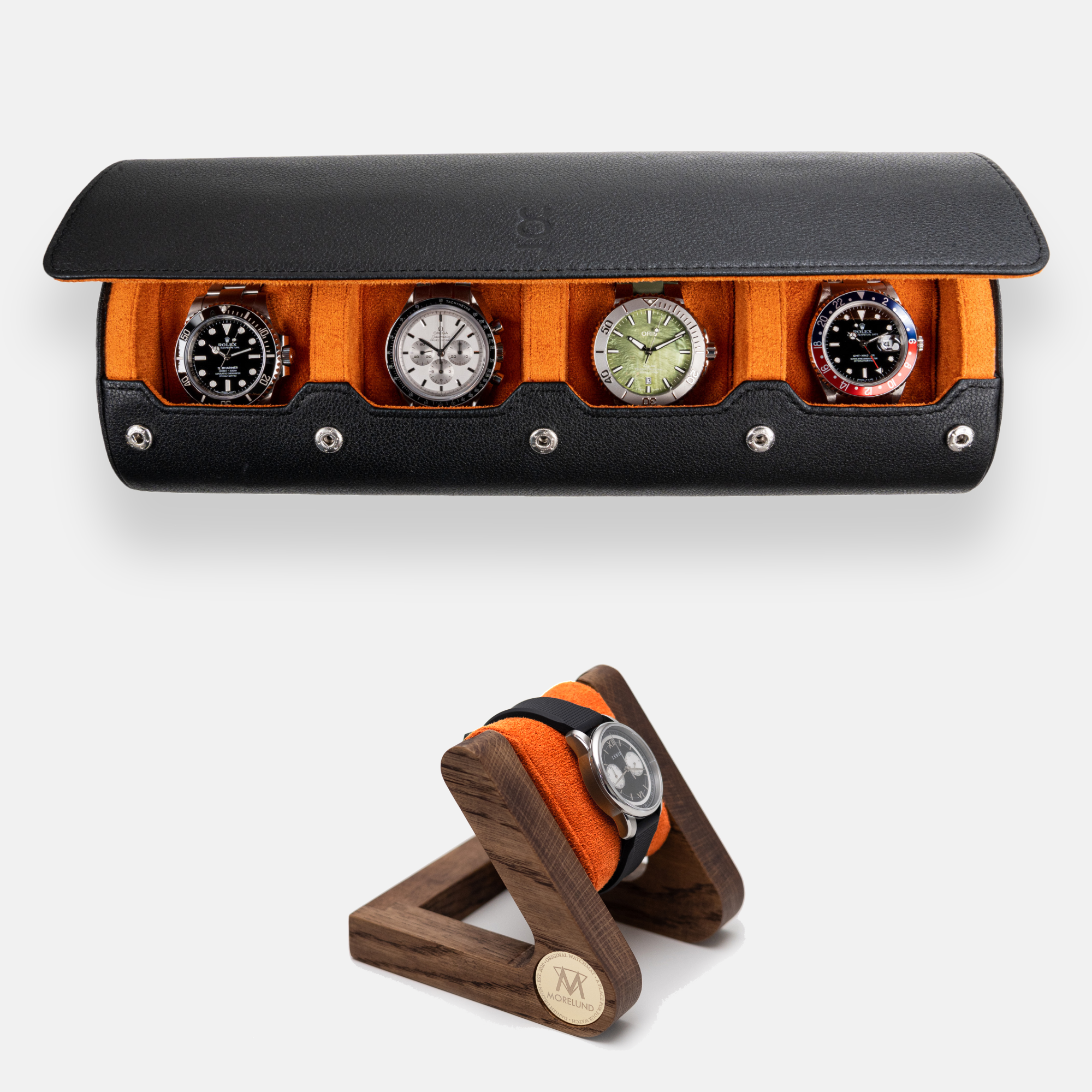 Uhrentablett - Hohes Naturholz Cognac