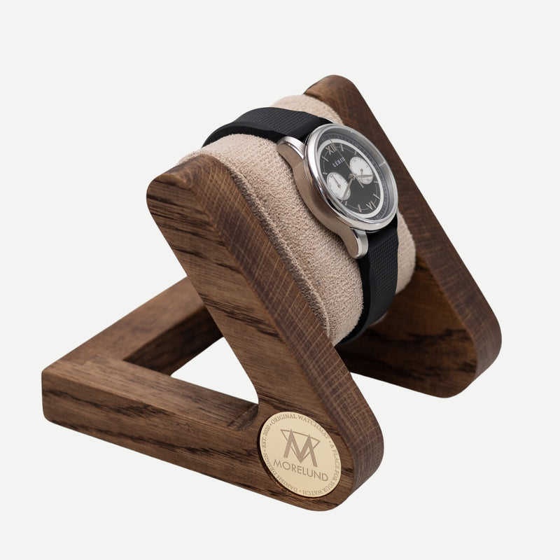 Morelund Watch Stand - Dark Oak - Grey Saffiano