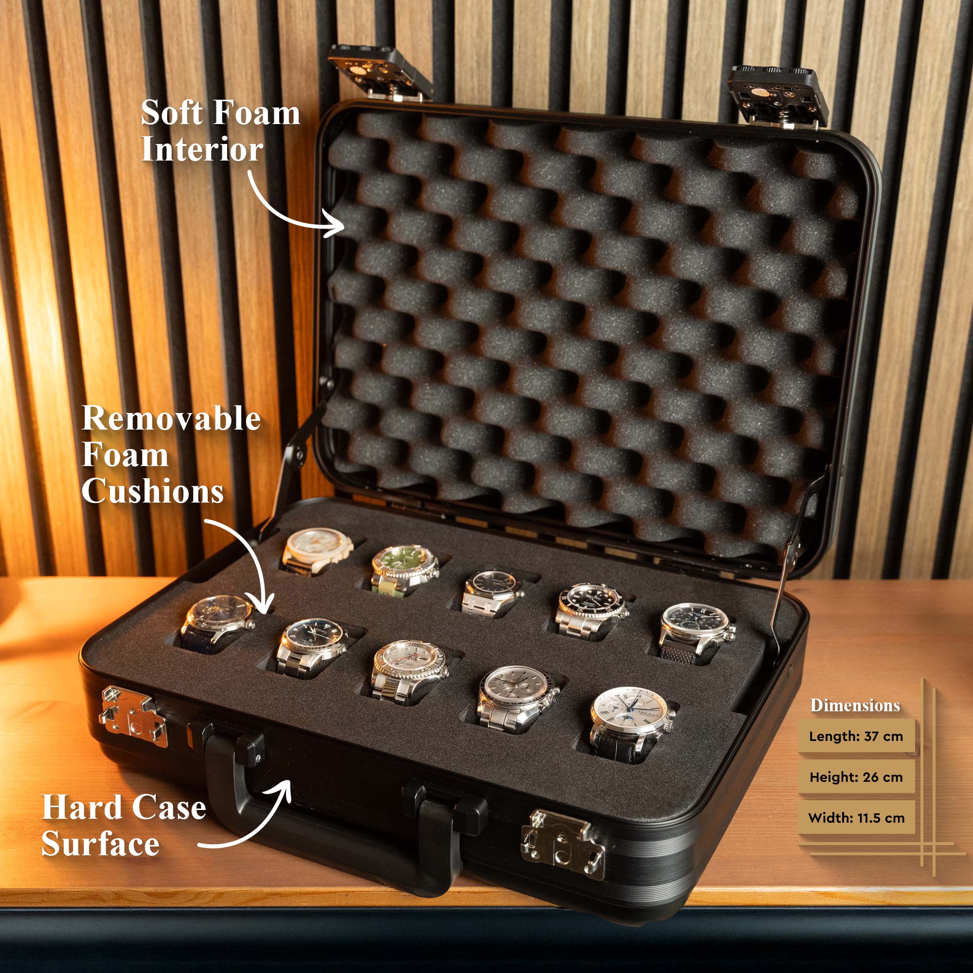 Schwarze Uhrenbox aus Aluminium mit 10 Fächern