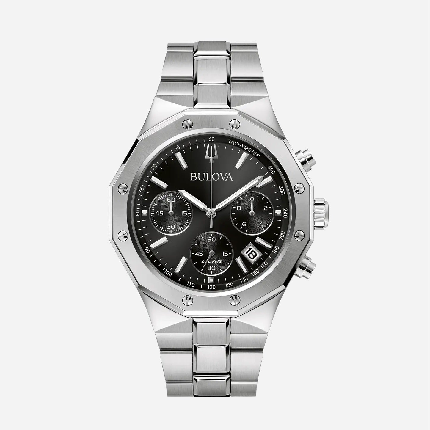 Silver Bulova watch with black dial on a white background