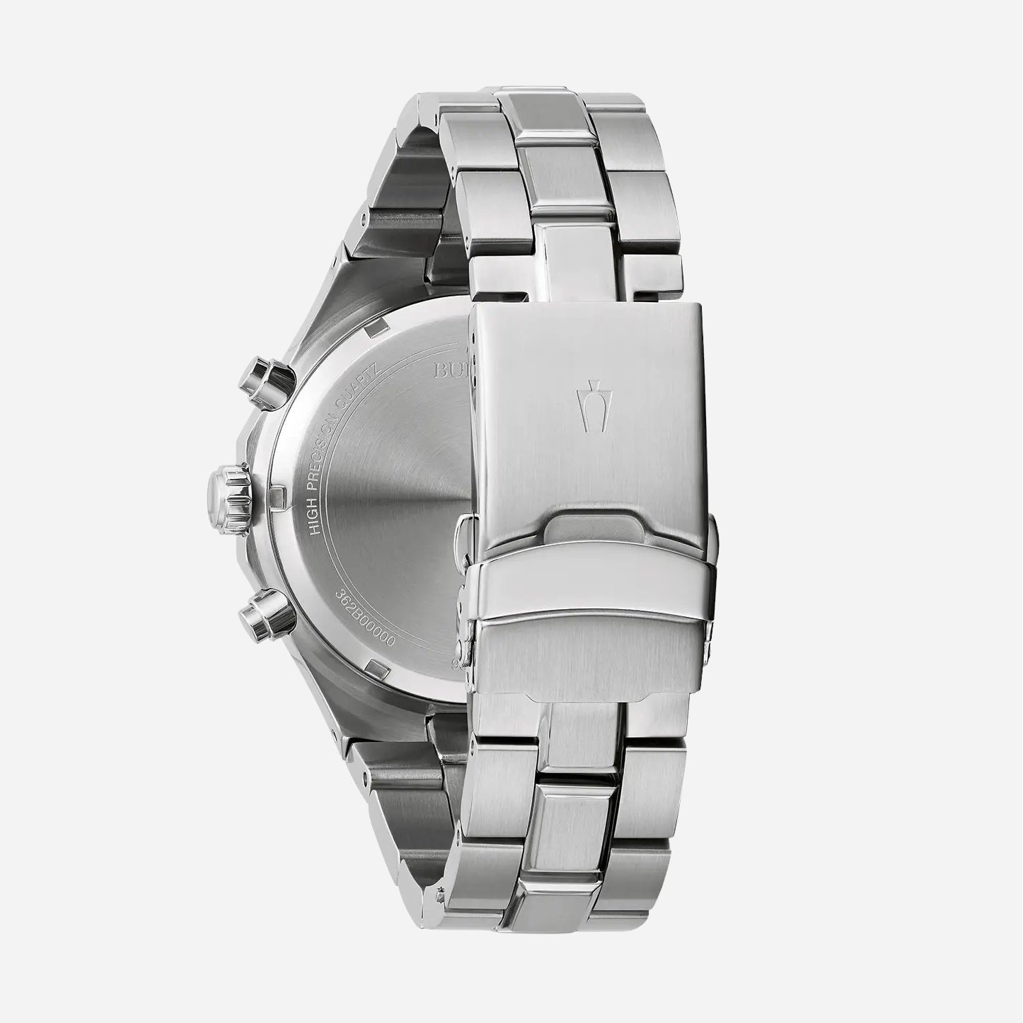Silver watch with a detailed band on a white background