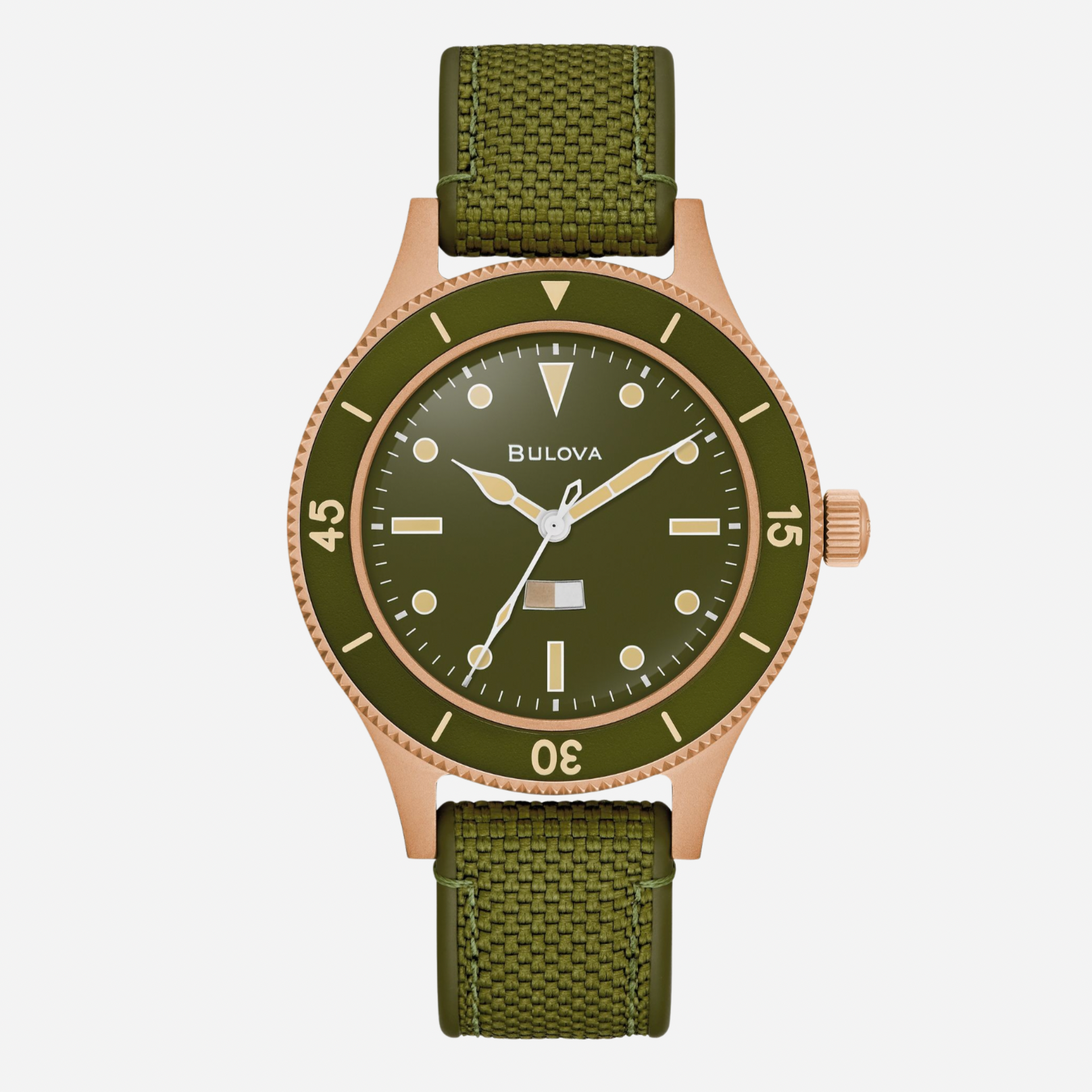 Green watch with rose gold accents on a white background