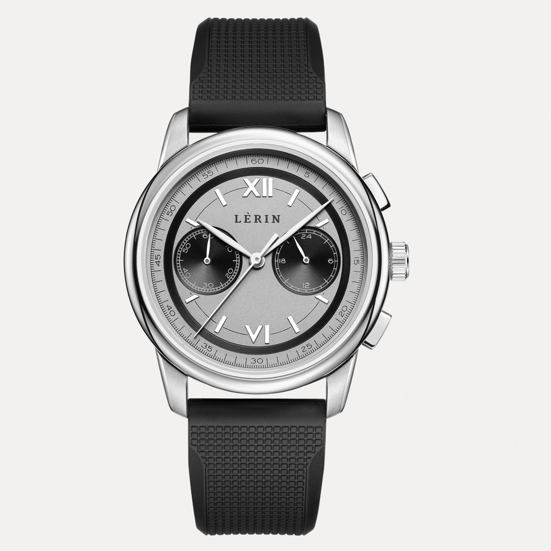 A LERIN chronograph watch with a silver-tone stainless steel case, a textured black strap, and a silver dial with black sub-dials and Roman numeral hour markers.