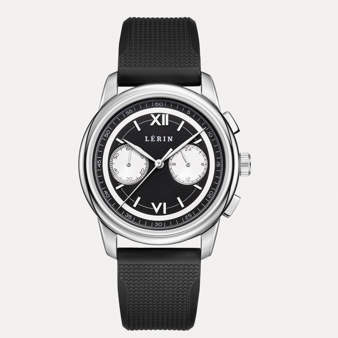 Black wristwatch with silver case and black strap on a white background