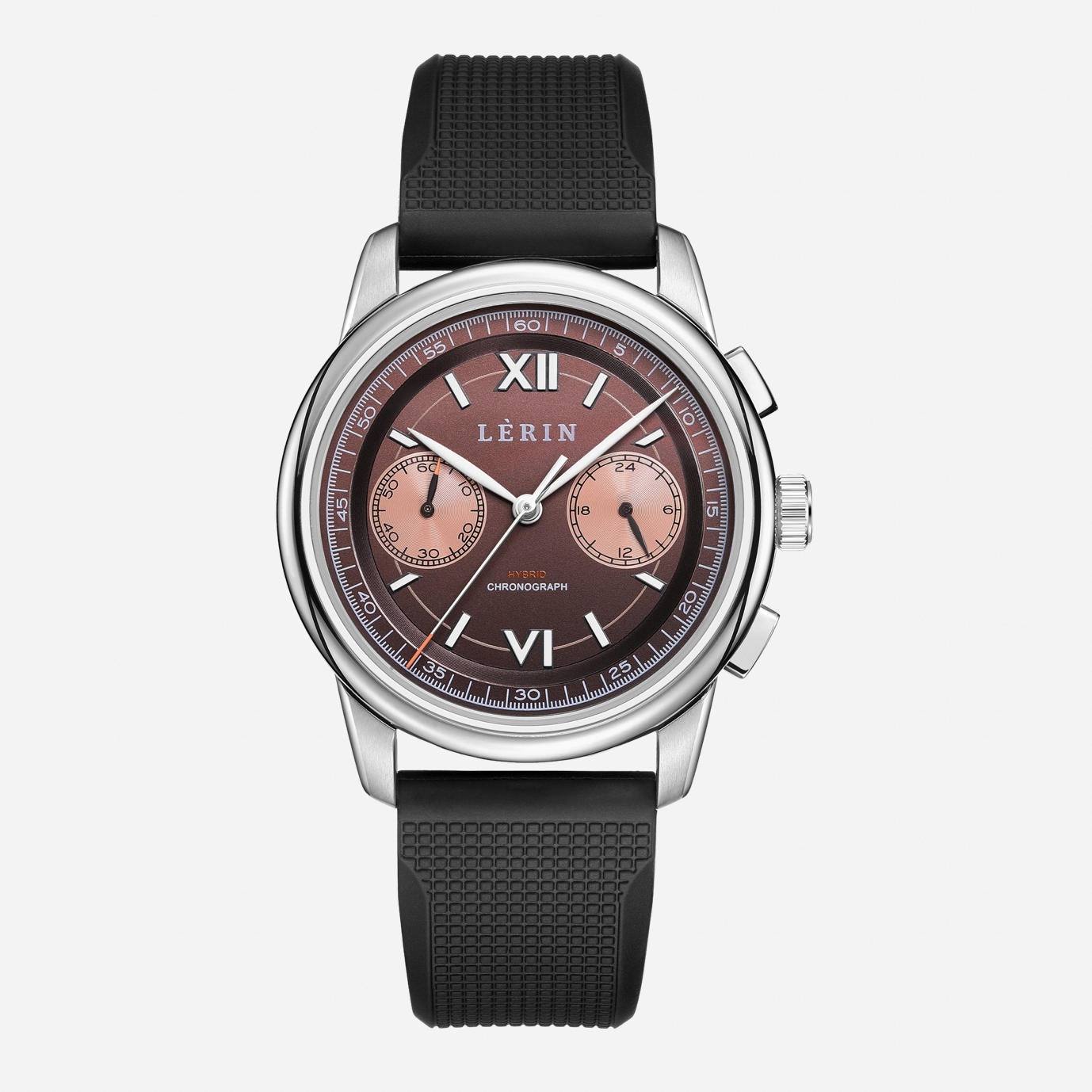 A LERIN chronograph watch with a silver-tone stainless steel case, a dark brown dial with rose gold sub-dials and Roman numerals, and a textured black rubber strap, shown against a light gray background.