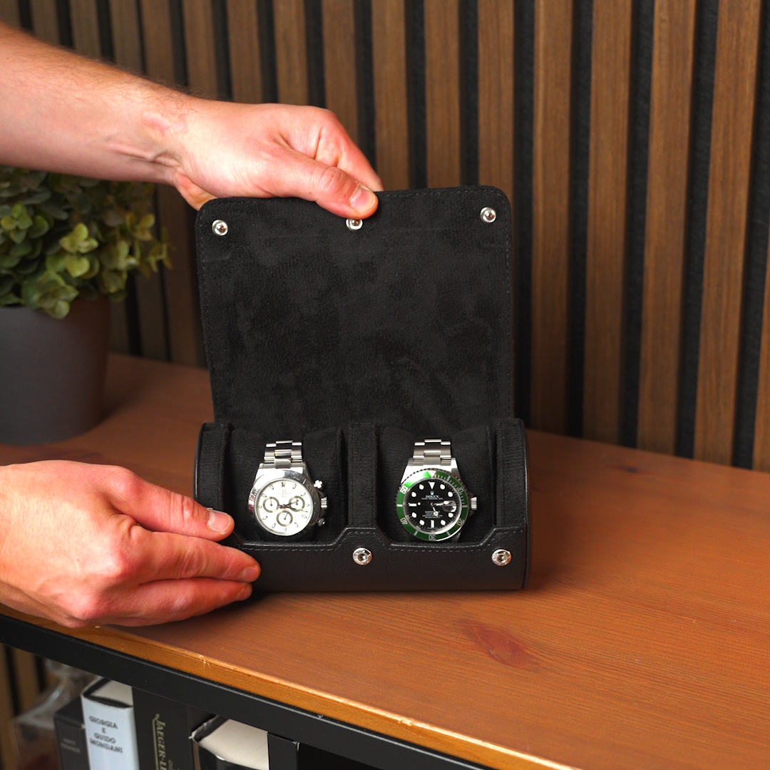 Personalized Two Slot Watch Roll - All Black