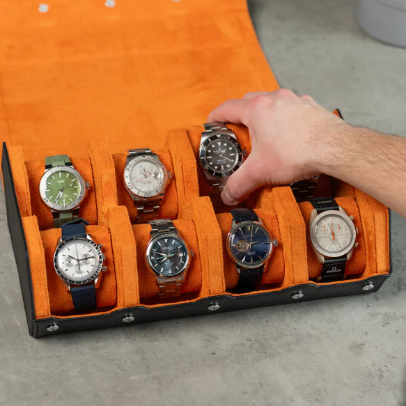 Personalized Hexagon Black Orange 8 Slot Watch Box