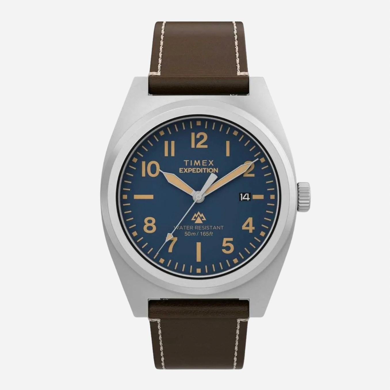 Timex Expedition watch with brown leather strap and blue dial on a white background