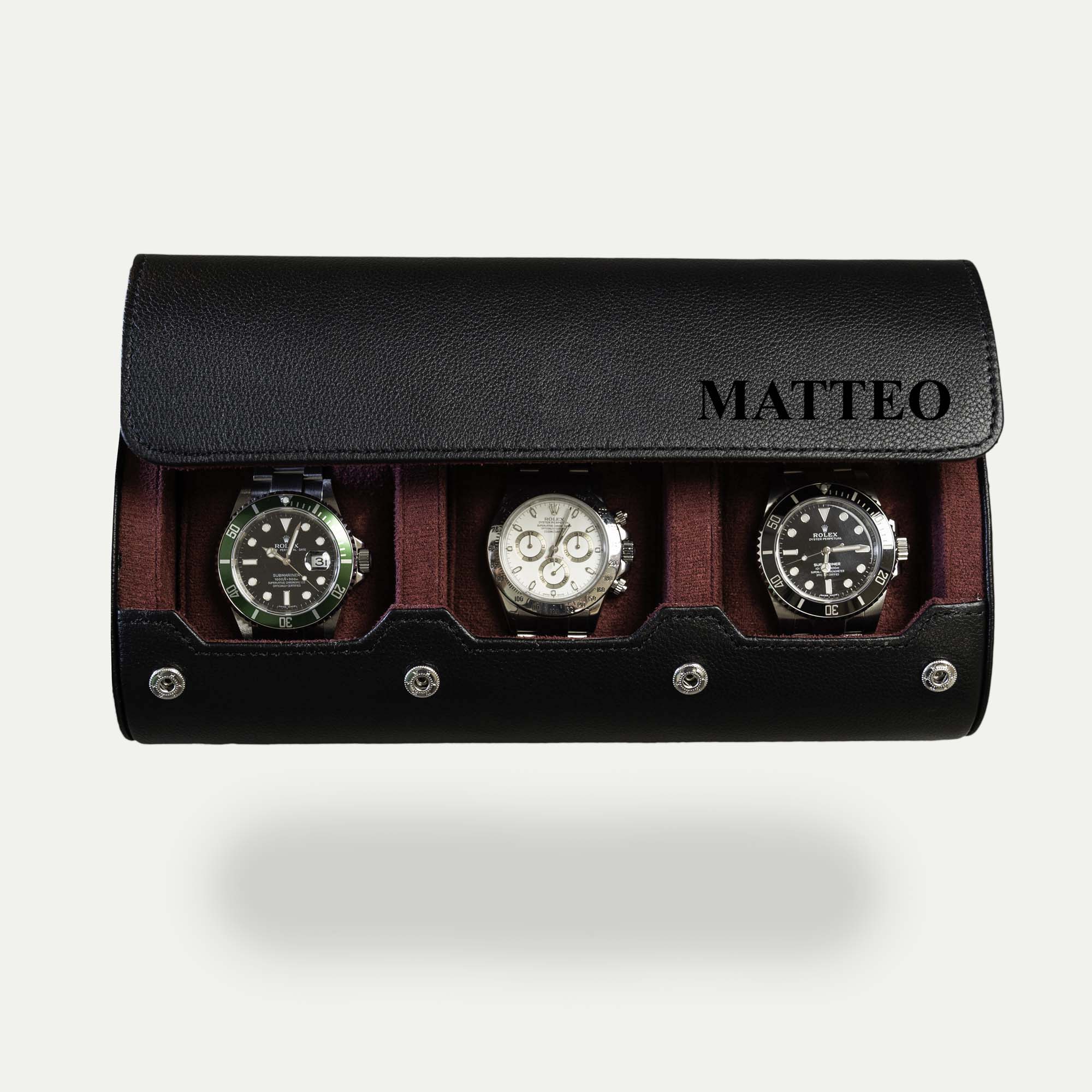 Personalized watch roll with the name Matteo engraved