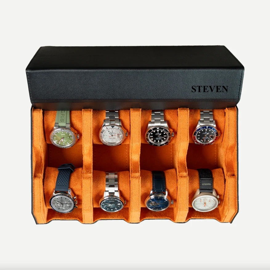 Personalized Hexagon Black Orange 8 Slot Watch Box
