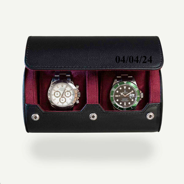 Personalized Two Slot Watch Roll - Black Cherry