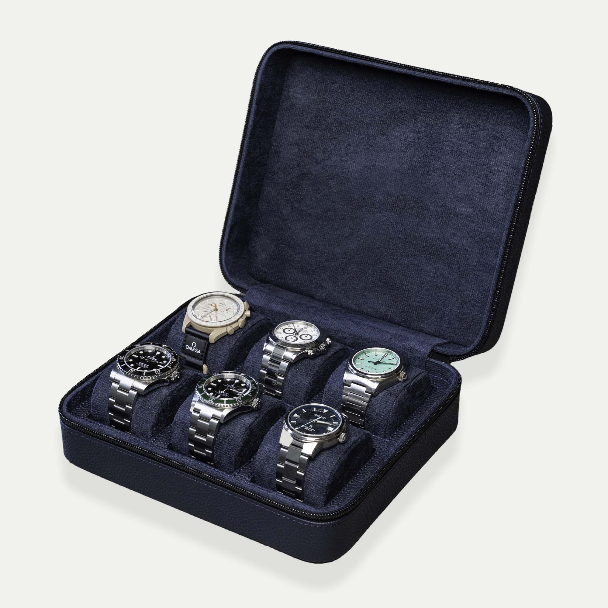 Square Watch Box 6 Slot - Navy Blue Litchi