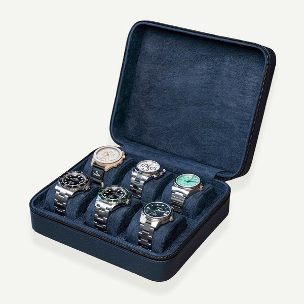 Square Watch Box 6 Slot - Marineblau Litchi