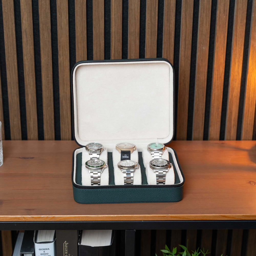 Square Watch Box 6 Slot - Dark Green Litchi
