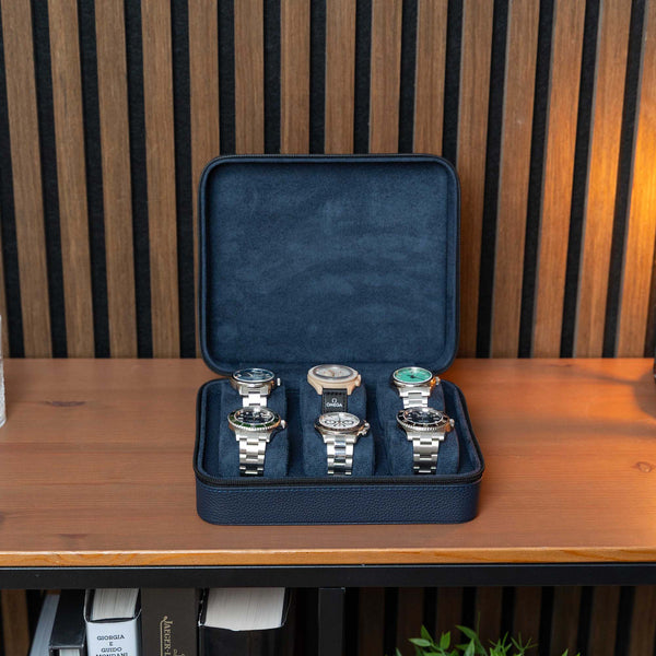 Square Watch Box 6 Slot - Marineblau Litchi