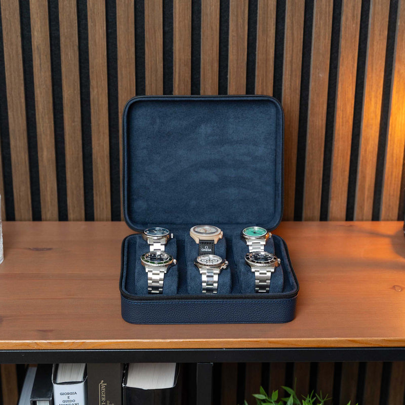 Square Watch Box 6 Slot - Marineblau Litchi