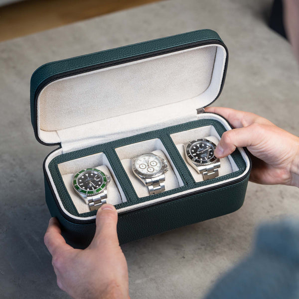 Square Watch Box 3 Slot - dunkelgrüner Litchi