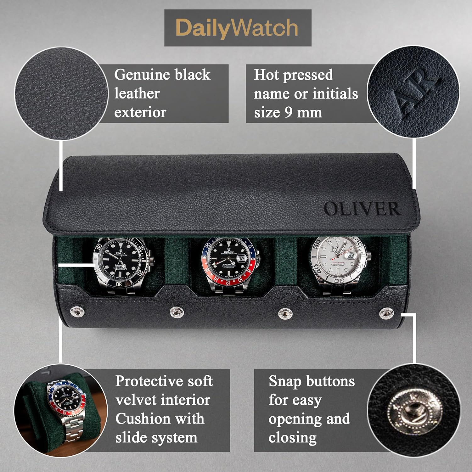 black green travel watch roll case