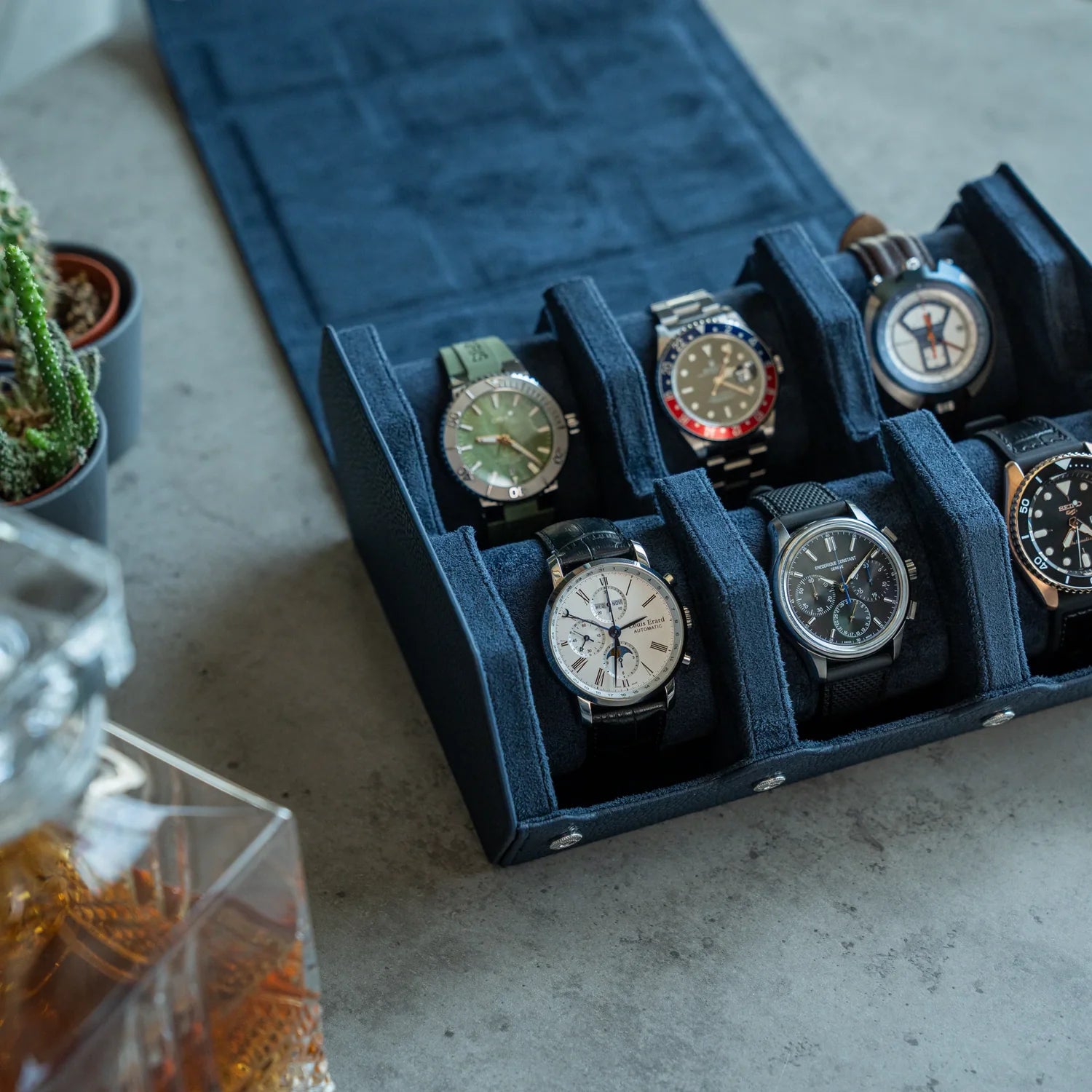 Personalized Hexagon Navy Blue 6 Slot Watch Box
