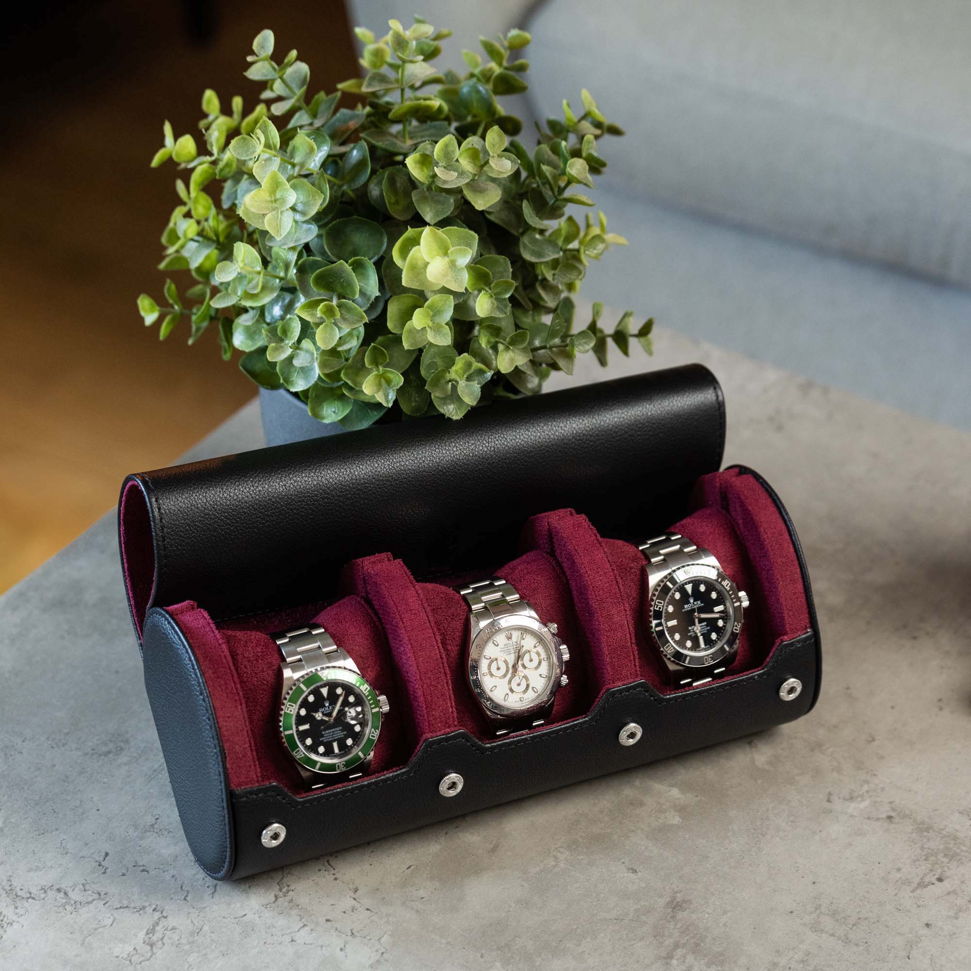 Black Cherry watch roll for 3 watches open