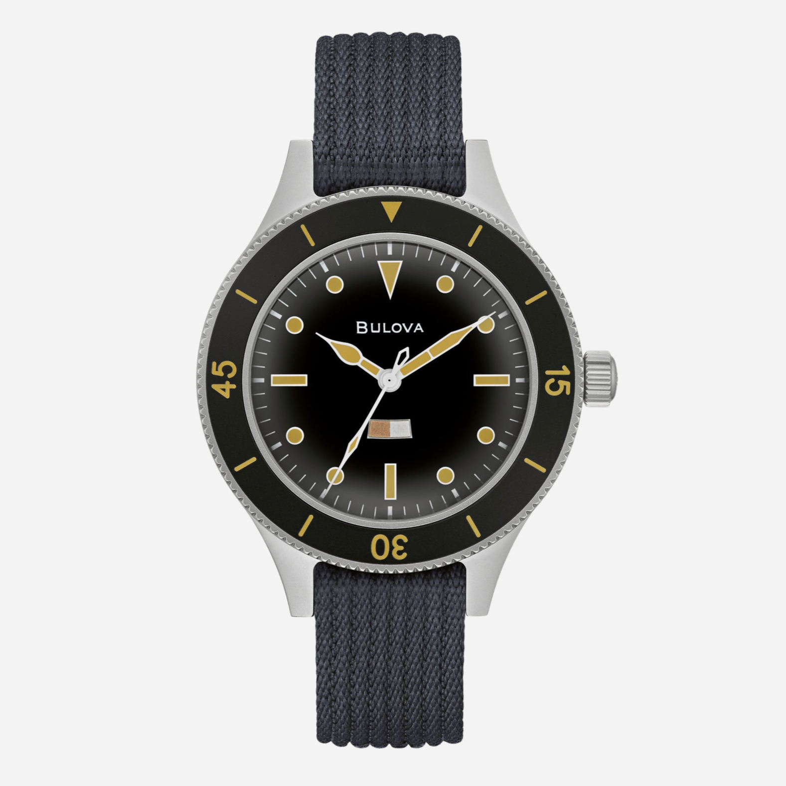 Bulova watch with black face and strap on a white background