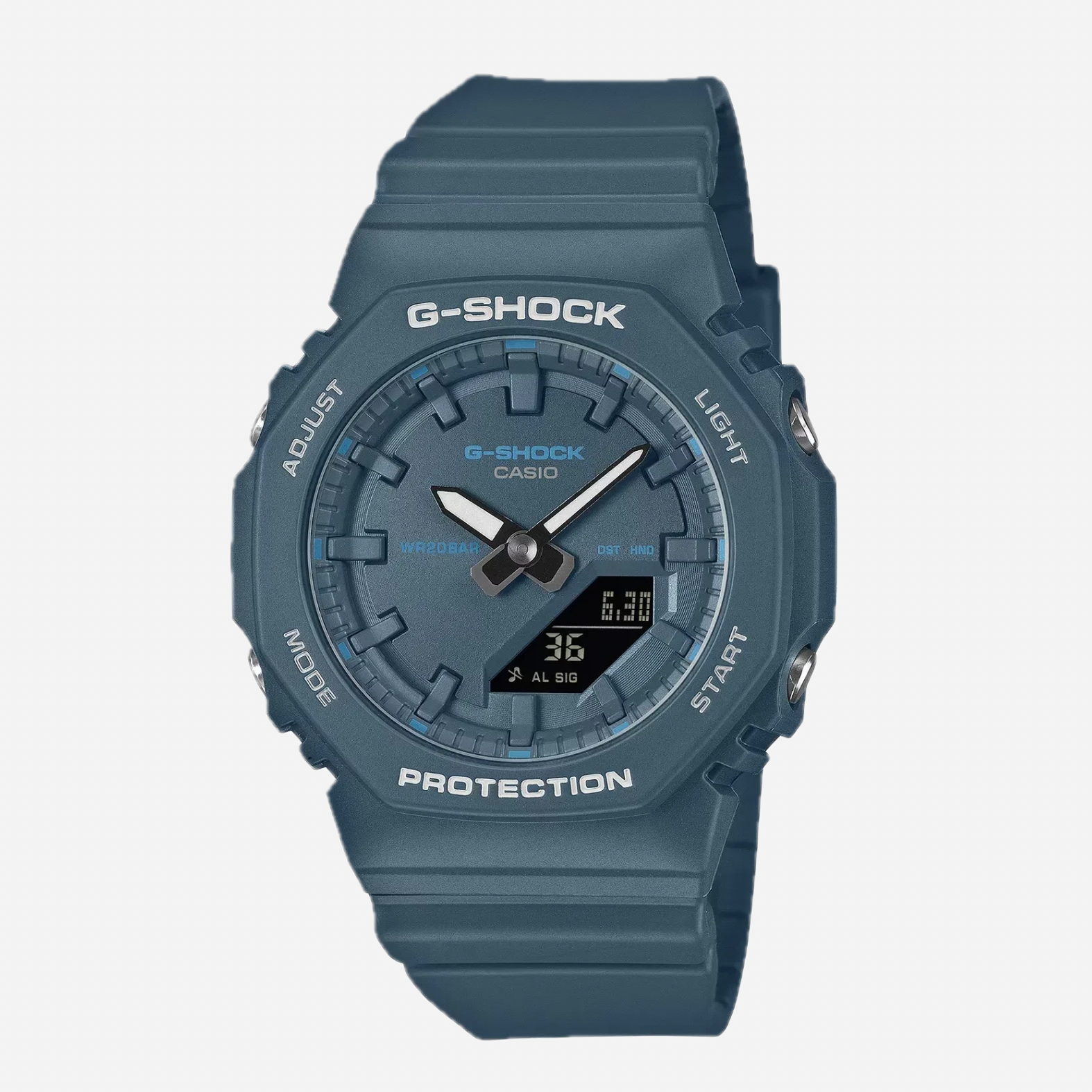 Blue G-Shock Casio watch on a light gray background