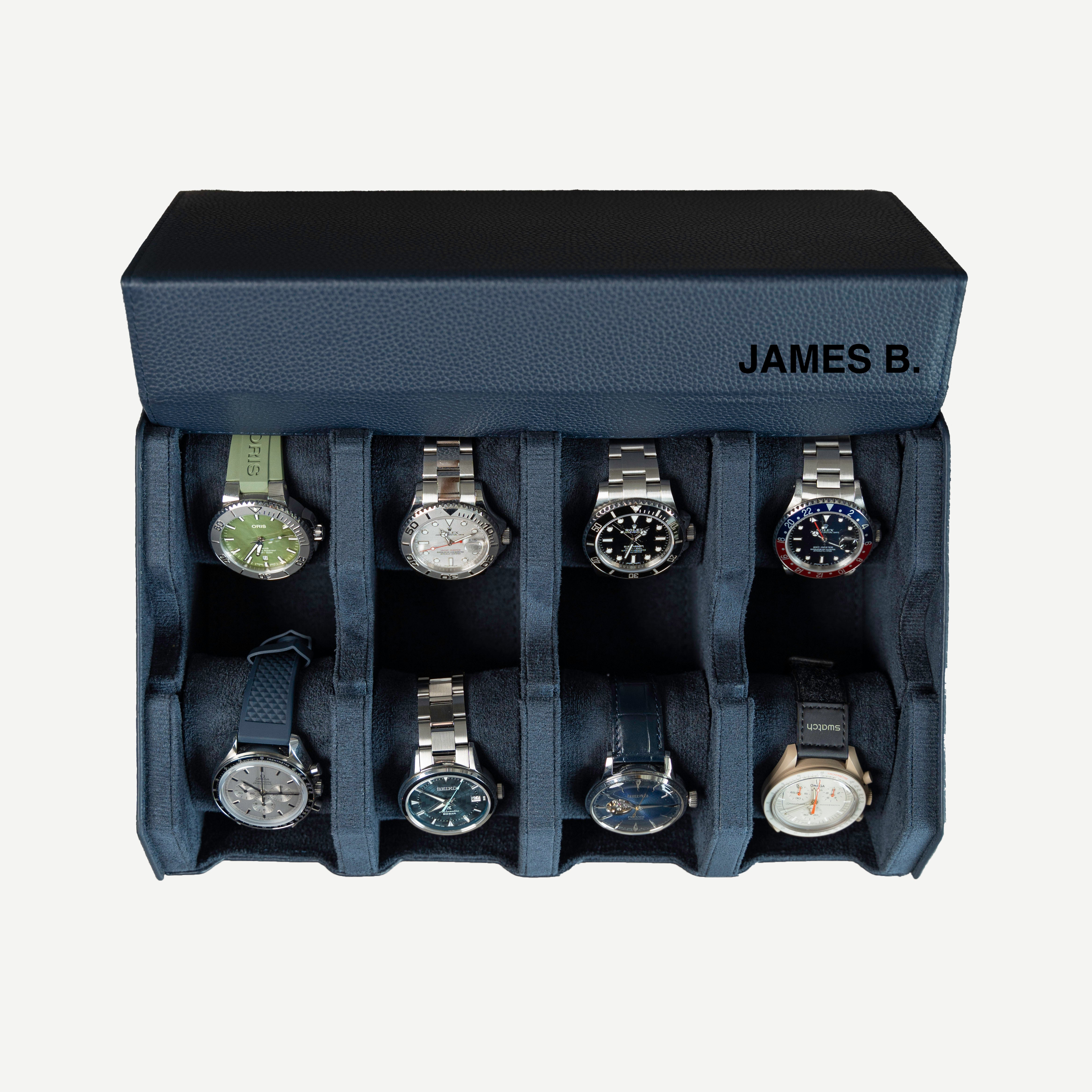 Personalized Hexagon Navy Blue 8 Slot Watch Box