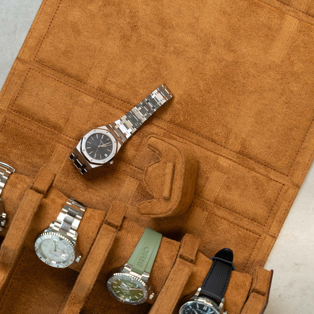 Sechseckige Uhrenbox mit 8 Fächern, Kaffeebraun