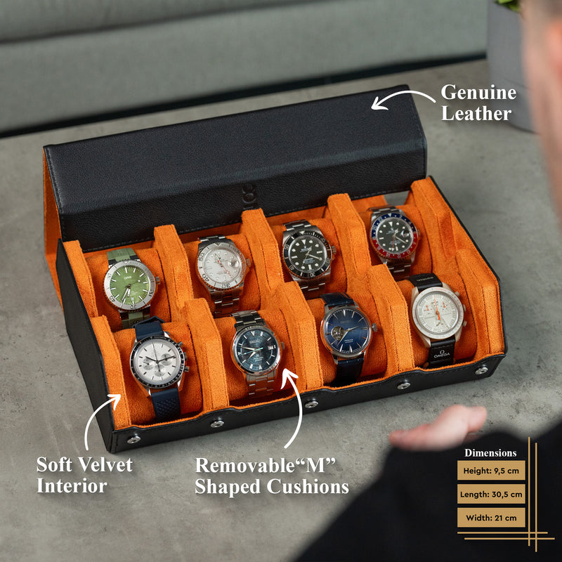 Sechseckige Uhrenbox mit 8 Fächern, Schwarz/Orange
