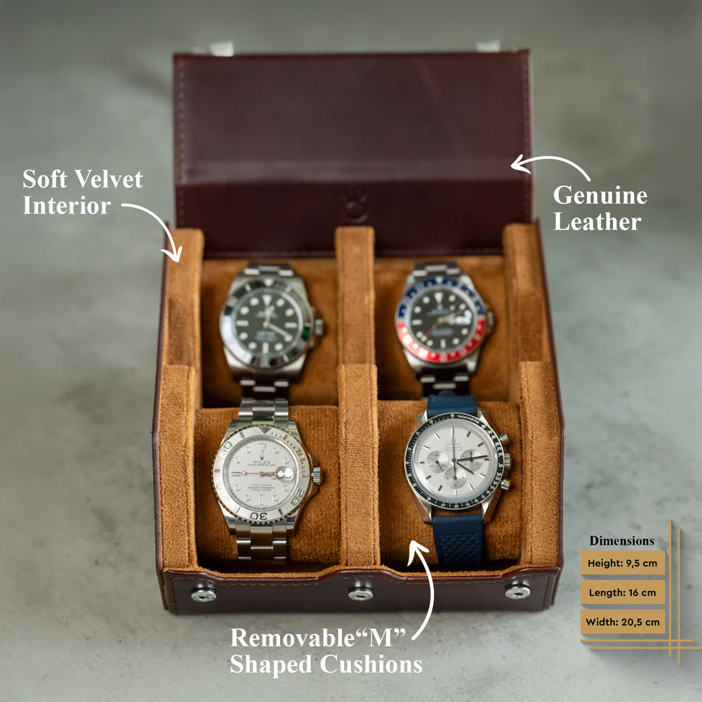Sechseckige Uhrenbox mit 4 Fächern, Kaffeebraun
