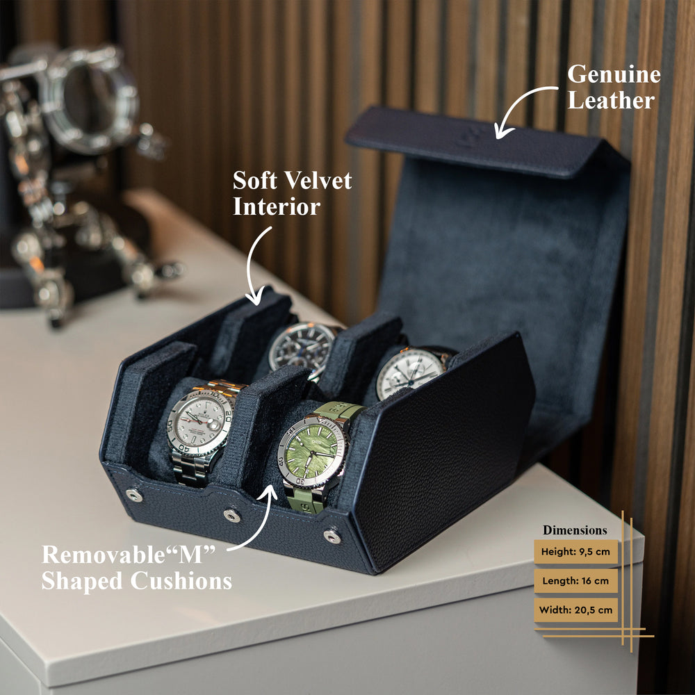 Sechseckige Uhrenbox mit 4 Fächern in Marineblau
