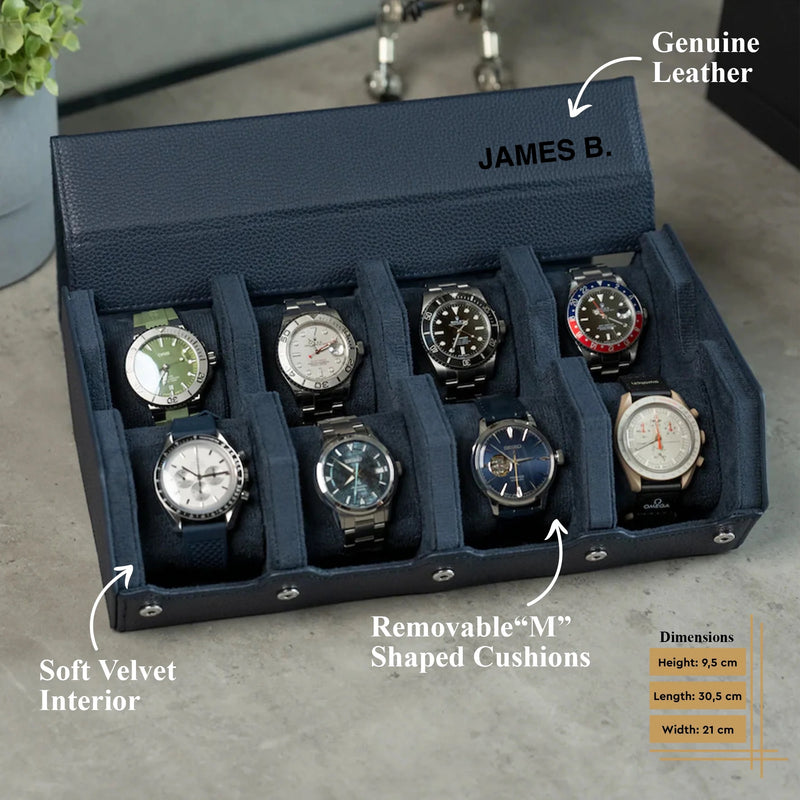 Personalized Hexagon Navy Blue 8 Slot Watch Box