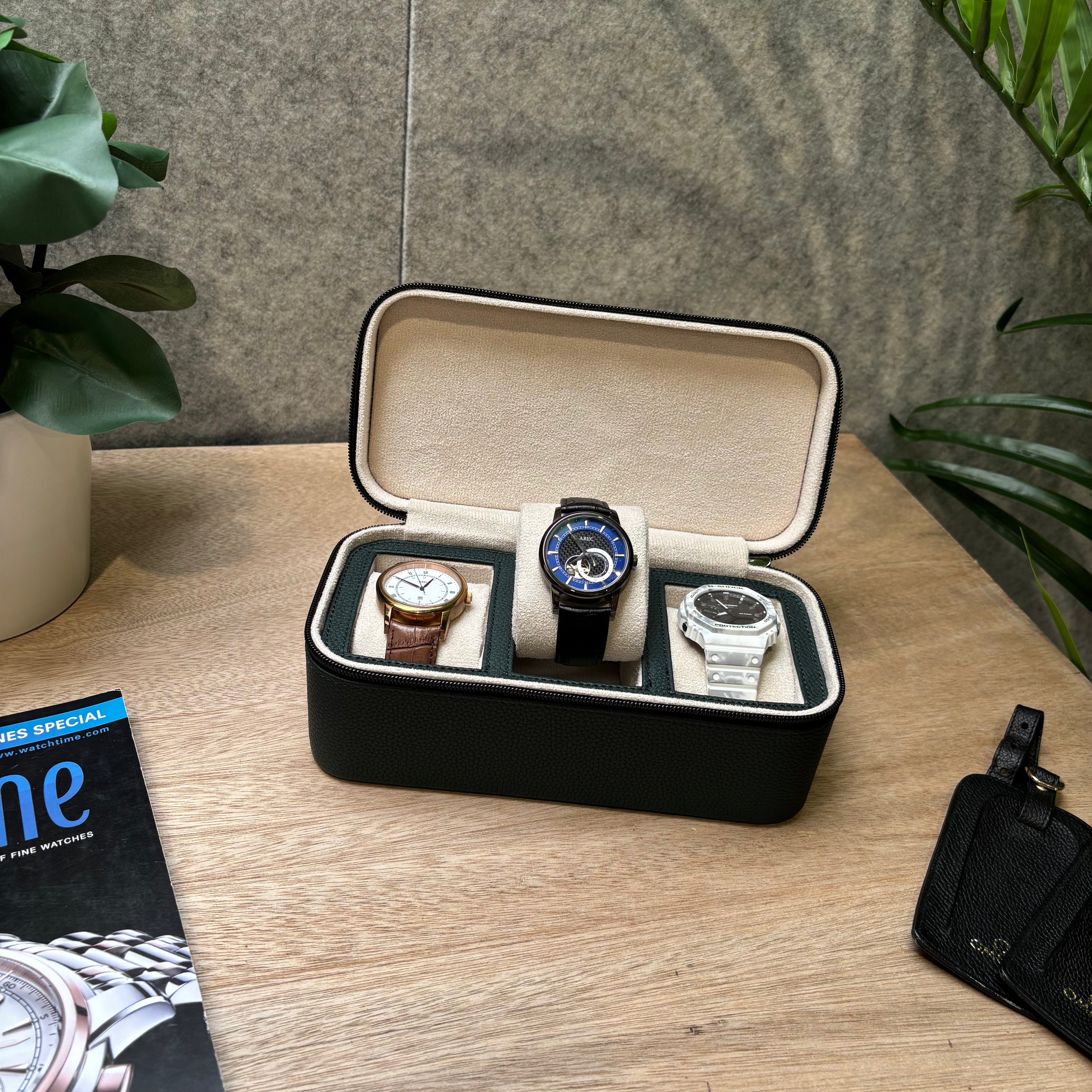 Square Watch Box 3 Slot - dunkelgrüner Litchi