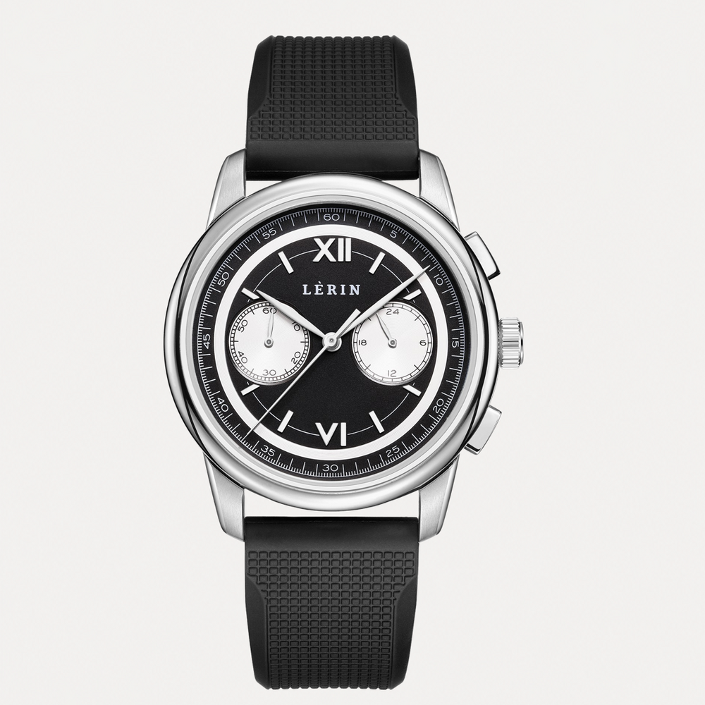 Black wristwatch with silver case and black strap on a white background