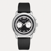 Black wristwatch with silver case and black strap on a white background