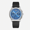 Lerin chronograph watch with a blue dial, silver-tone stainless steel case, and a textured black rubber strap, shown against a light gray background.