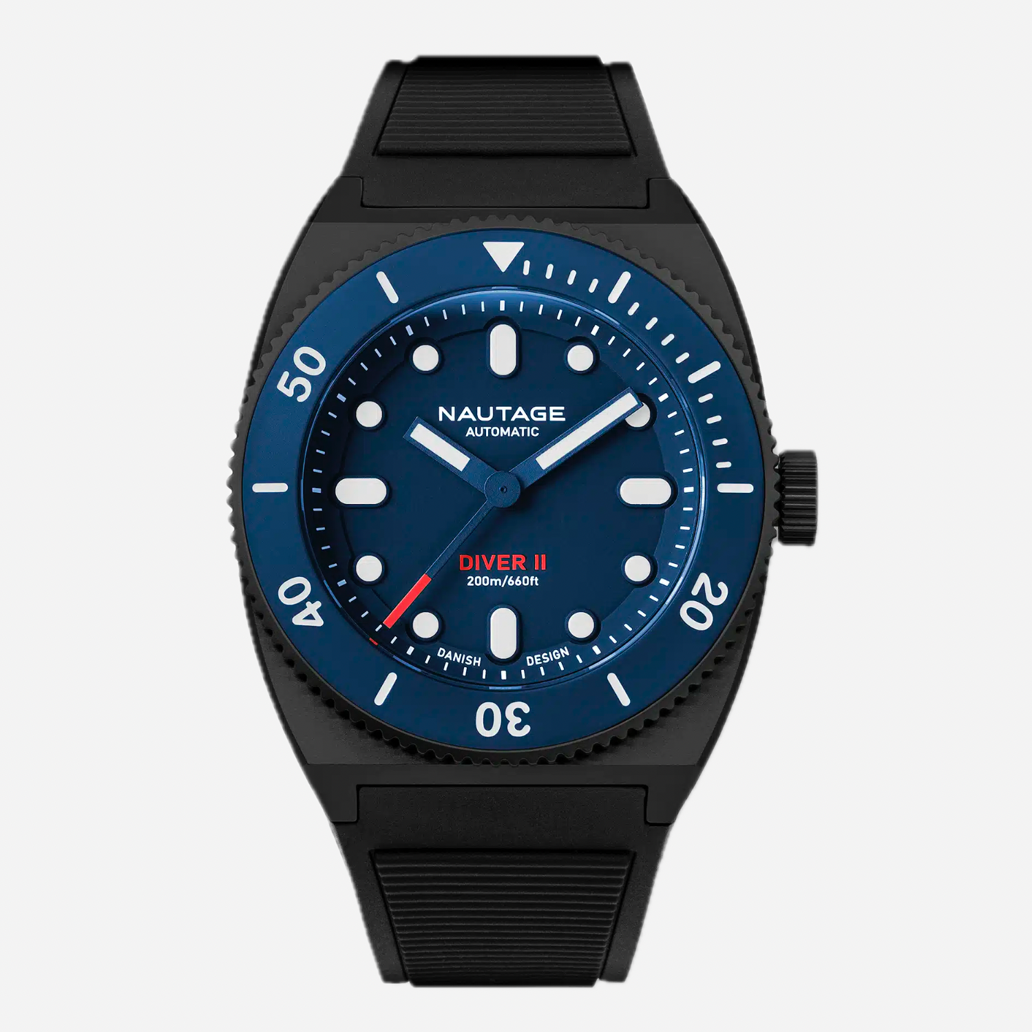 Nautage watch with black case and blue dial on a white background