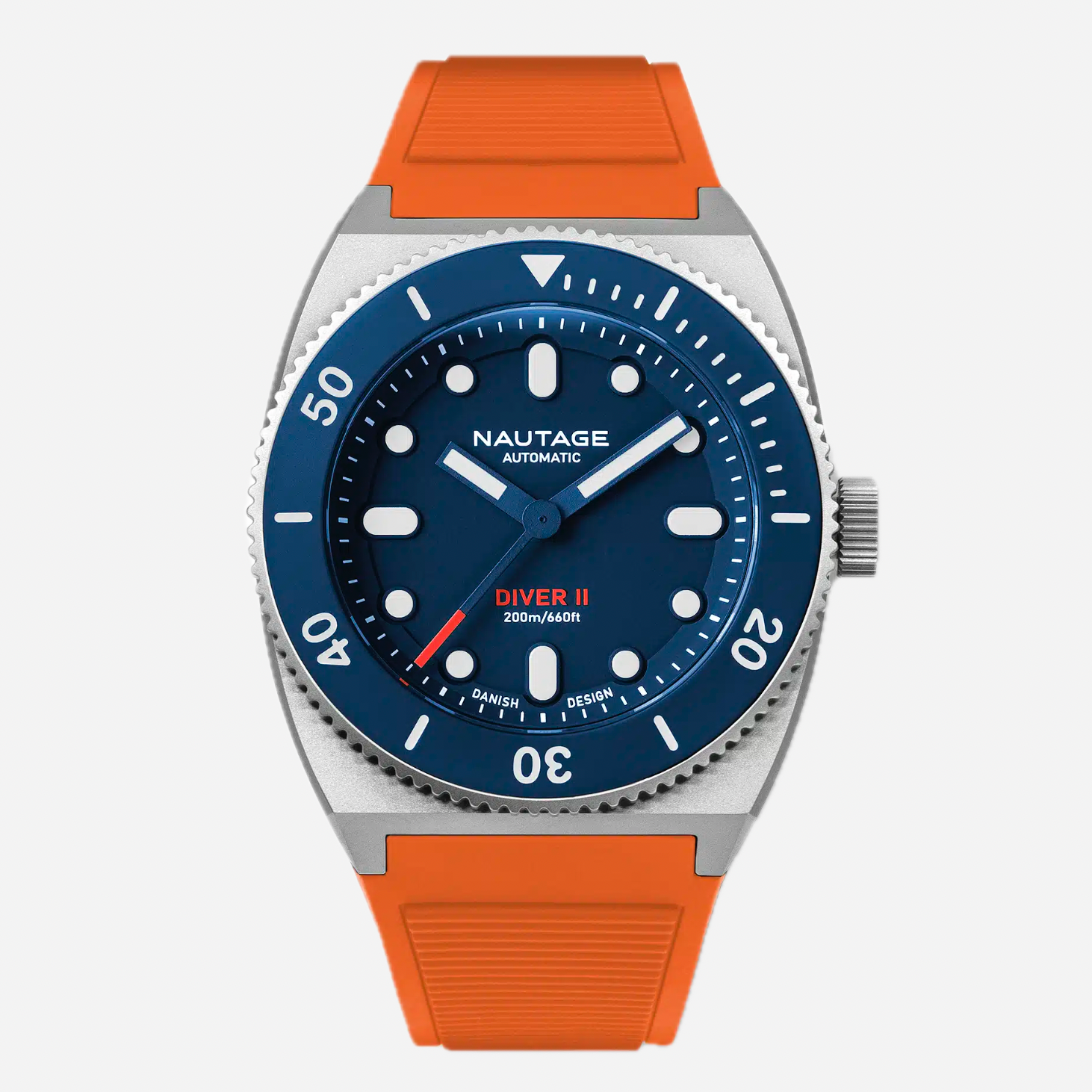 Nautask watch with orange strap and blue dial on a white background