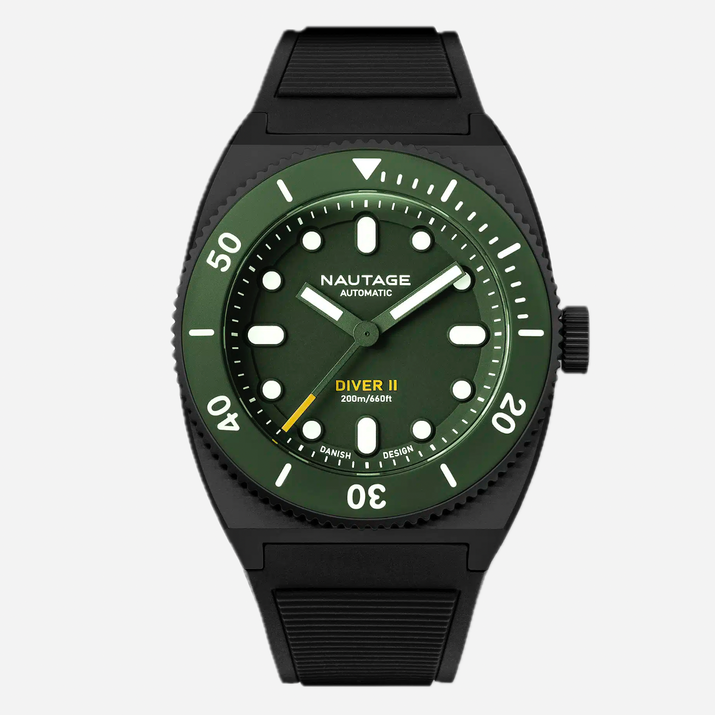 Green and black watch with 'Nautage' branding on a white background
