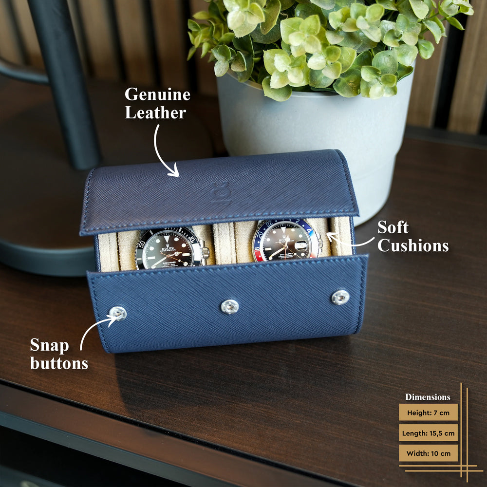 Info about the Navy Blue Saffiano Two Slot Watch Roll 