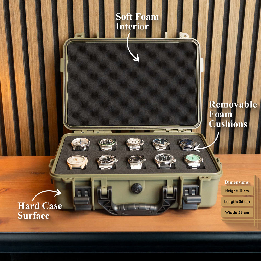 Olivgrüne Uhrenbox mit 10 Fächern