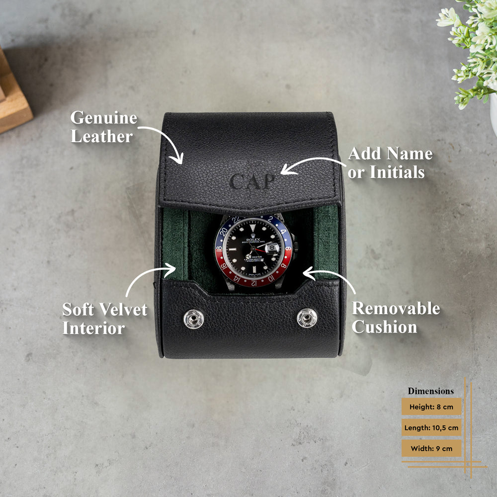Personalized watch roll for one watch in black green with the engraving CAP