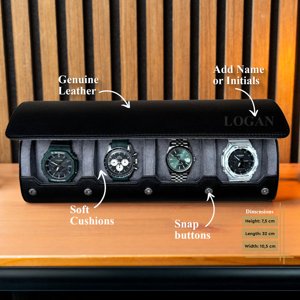 Personalisierte Reise-Uhrenrolle, extra groß – Schwarzgrau