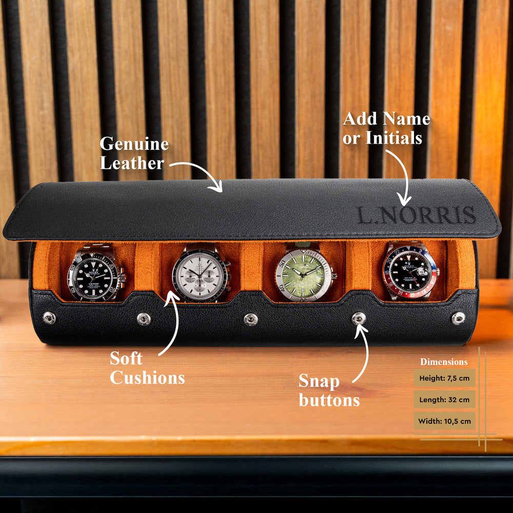Details about the Personalized Watch Roll For 4 Watches in Black Orange