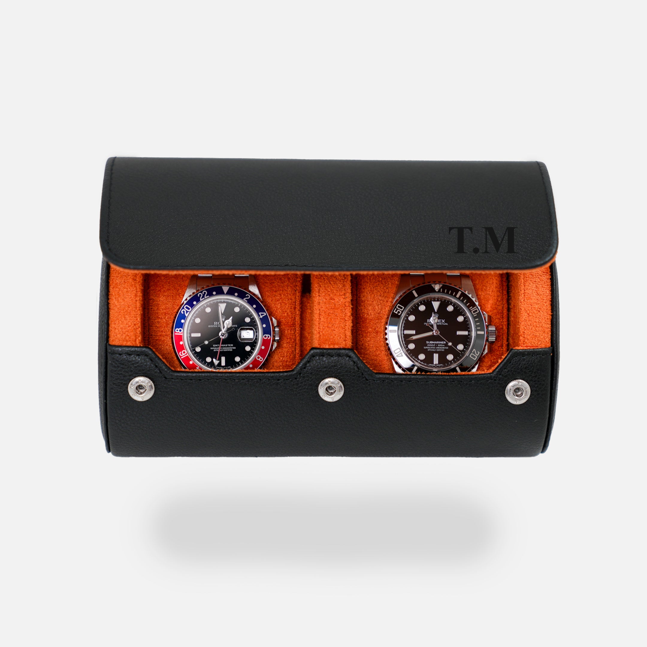 Personalized Two Slot Watch Roll Black Orange