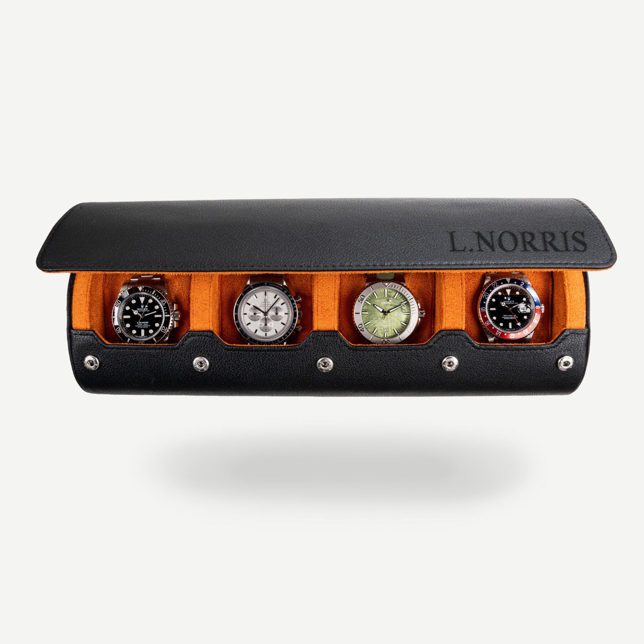 Personalized Watch Roll For 4 Watches in Black Orange