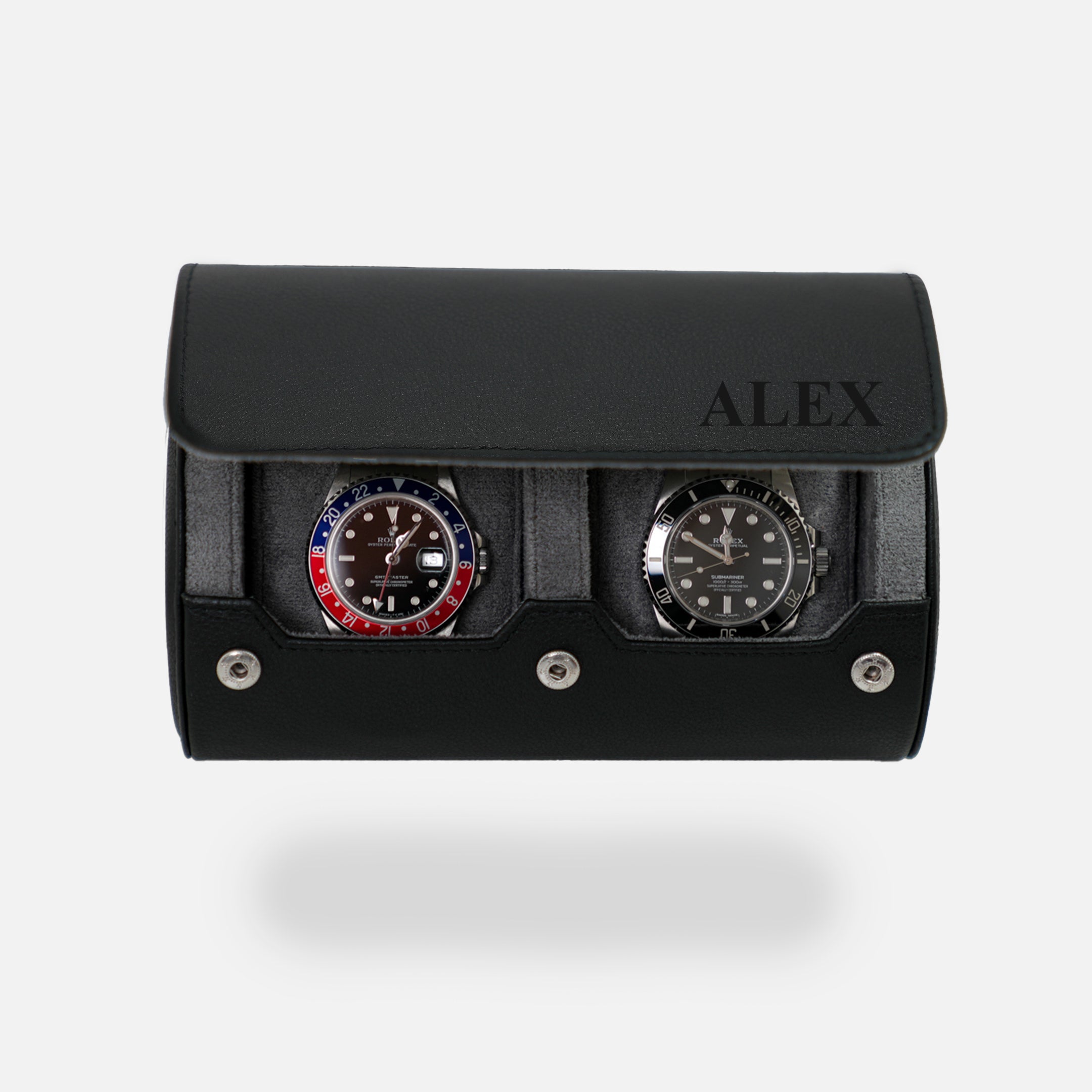 Personalized Watch Roll  for 2 watches in Black Grey