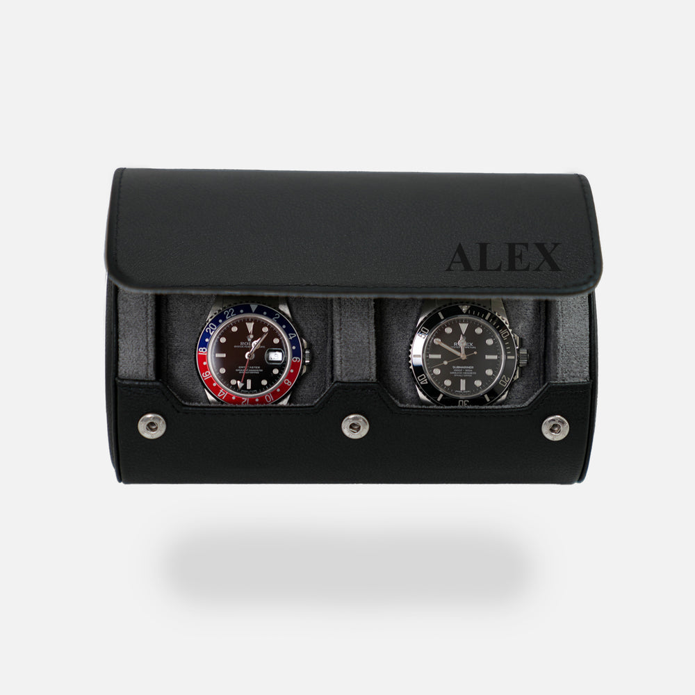 Personalized Watch Roll  for 2 watches in Black Grey